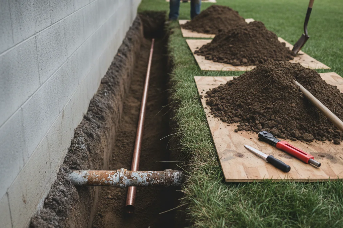 Excavated water line trench during Water Heater Repair in Orwell